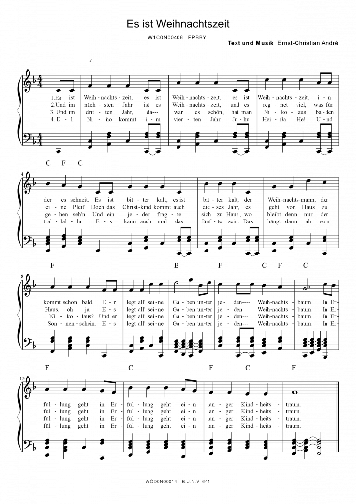 Noten und Text ddes Liedes Es ist Weihnachtszeit